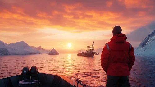 Man Watching Sunset Over Arctic Sea