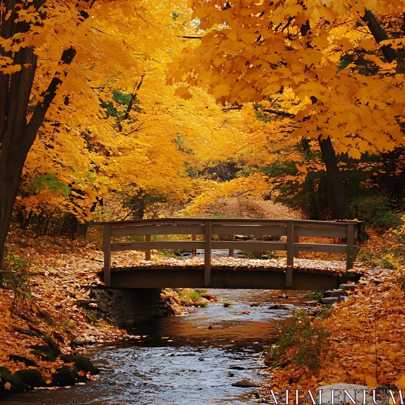 Fall Forest Scene with Rustic Bridge Above Stream AI Image