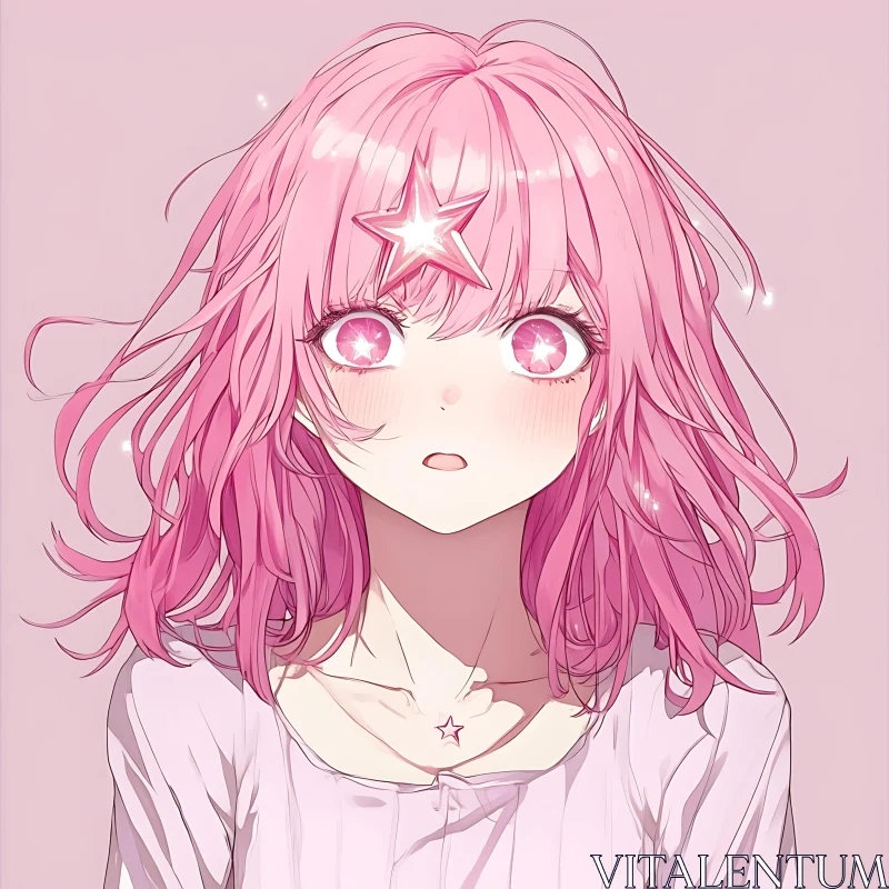 Pink-Haired Anime Girl with Star Accessories AI Image