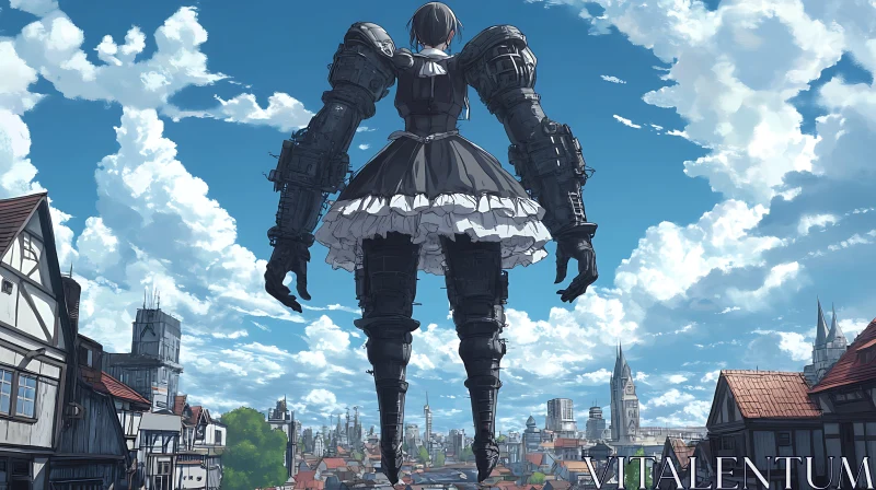 Giant Humanoid Robot Overlooking Cityscape AI Image