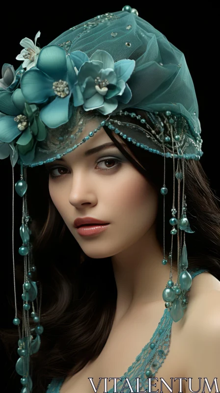 Captivating Portrait of a Beautiful Woman in a Blue Hat AI Image