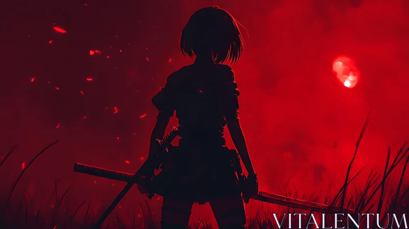 Silhouette in Red: Anime Sword-Wielder AI Image