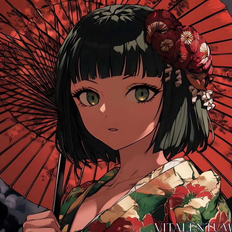 Traditional Japanese Anime Girl with Red Umbrella AI Image