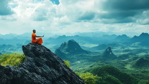 Peaceful Monk Meditating on Mountain Top