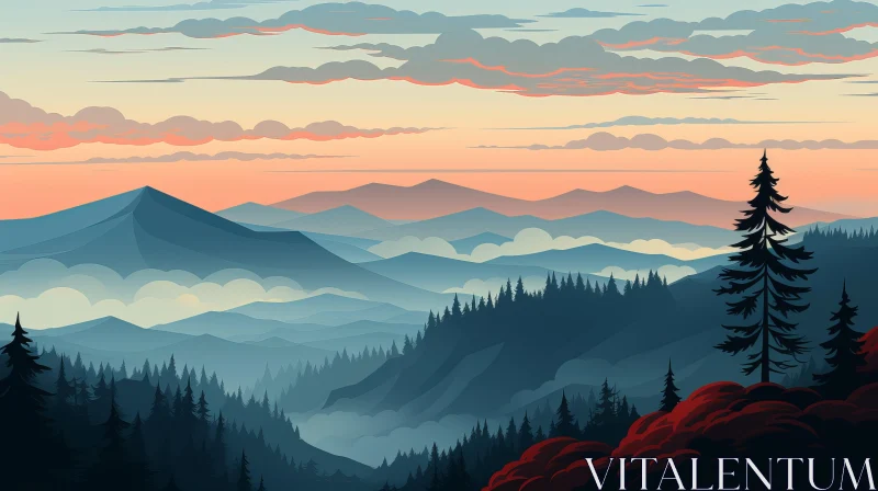 Lush Forest Landscape with Mountains at Sunset AI Image