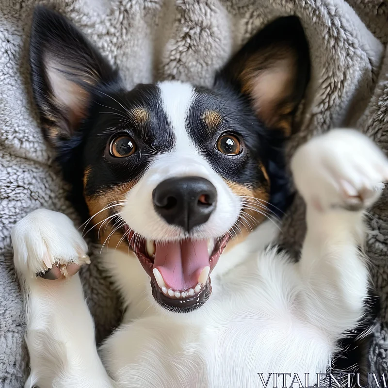 Cheerful Puppy on a Blanket AI Image