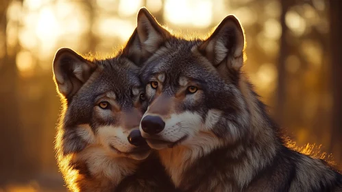 Wolves bonding in nature at sunset