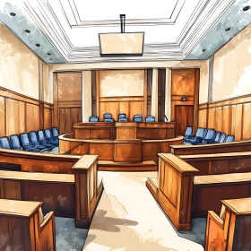 Empty Legal Courtroom with Wooden Furniture