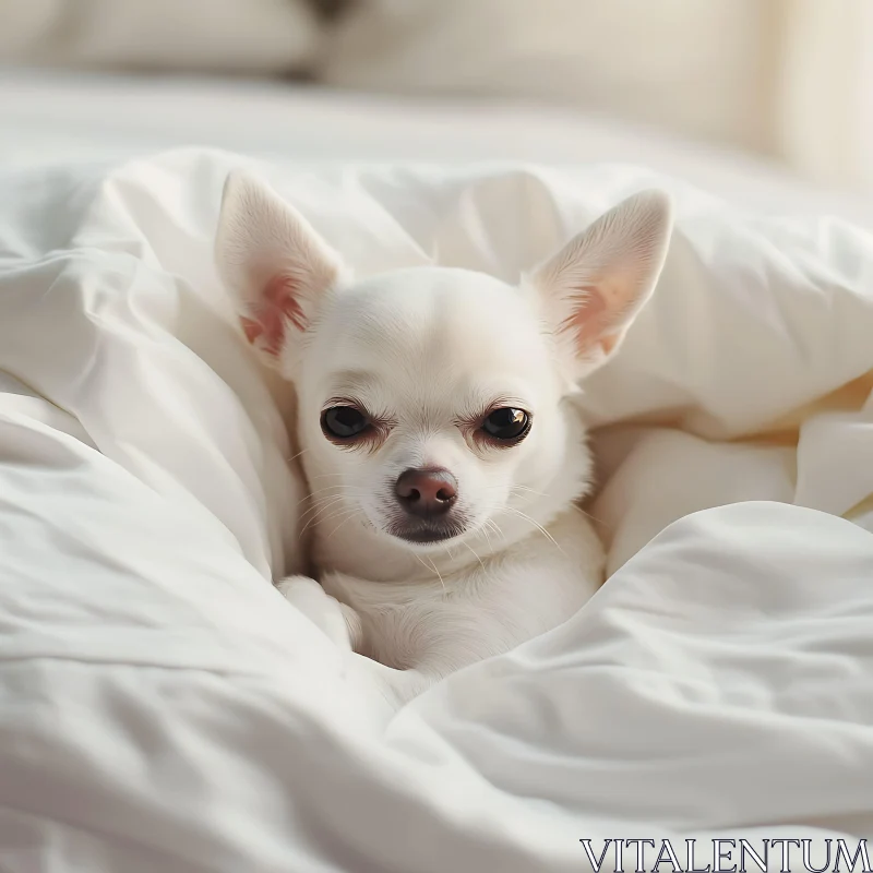 Tiny White Chihuahua Resting in Cozy Bed AI Image