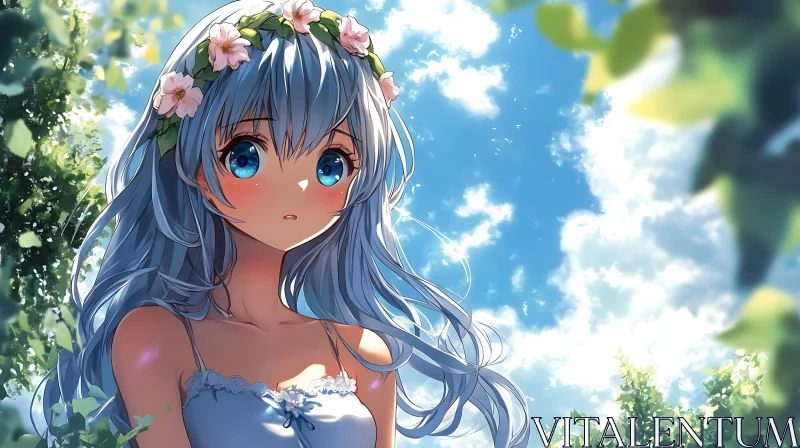 AI ART Anime Girl with Floral Wreath Under Sunny Sky