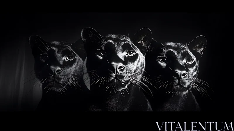 Monochrome Image of Three Black Panthers AI Image