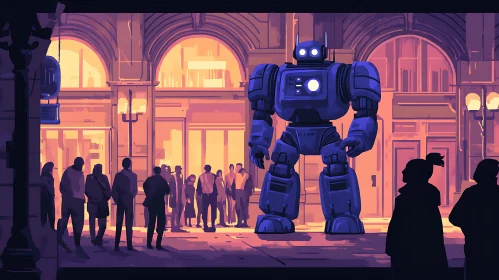 Blue Robot in Urban Setting