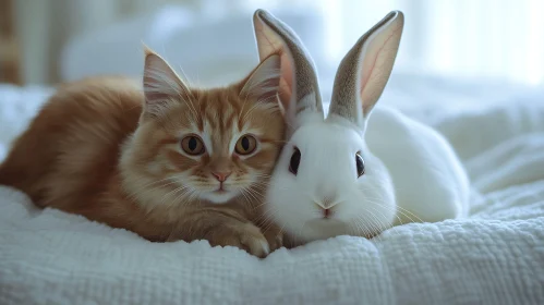Ginger Cat and White Rabbit Cuddle