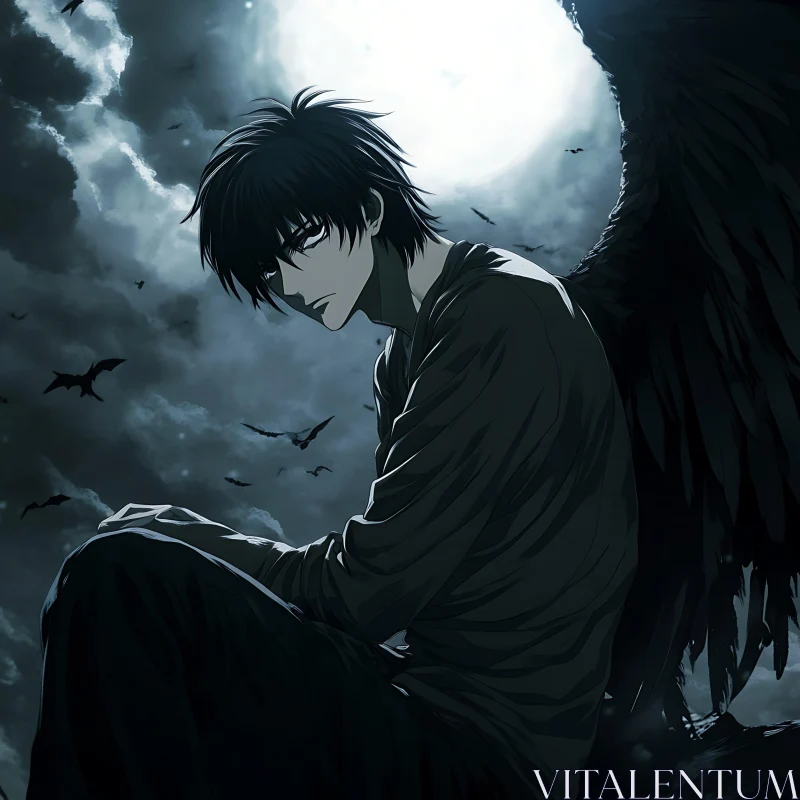 Dark-Winged Anime Character in Moonlit Night AI Image