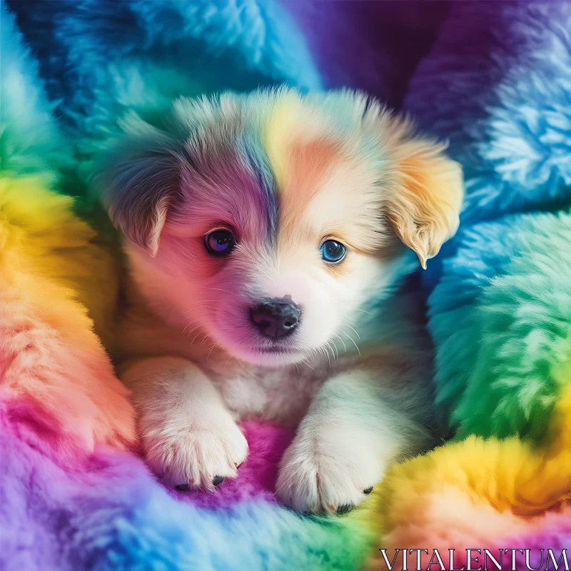 Cute Puppy Wrapped in Colorful Blanket AI Image