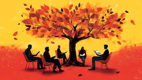 People Reading Under Autumn Tree