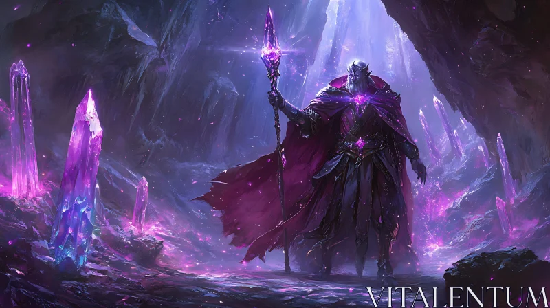 Mystical Wizard in Purple Crystal Realm AI Image