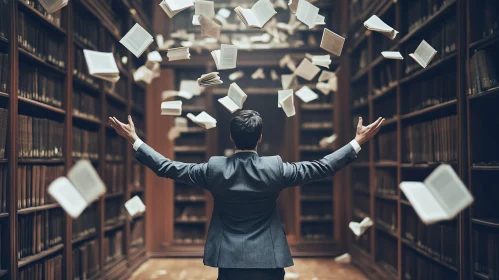 Man in Library with Flying Books