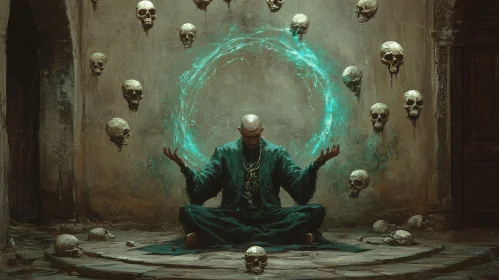 Enigmatic Ritual with Floating Skulls