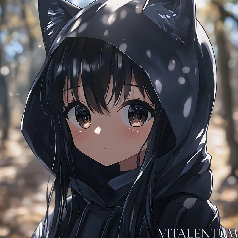 Cute Anime Girl with Cat-Eared Hoodie Amidst Nature AI Image