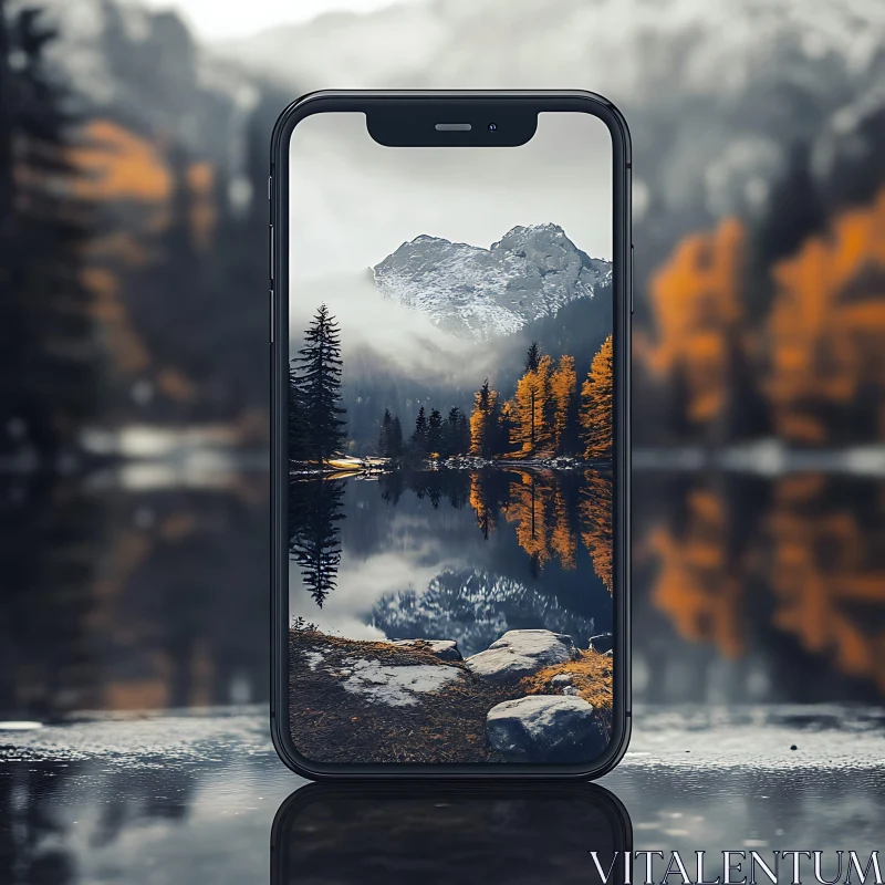 Autumnal Mountain Vista on Mobile Device AI Image