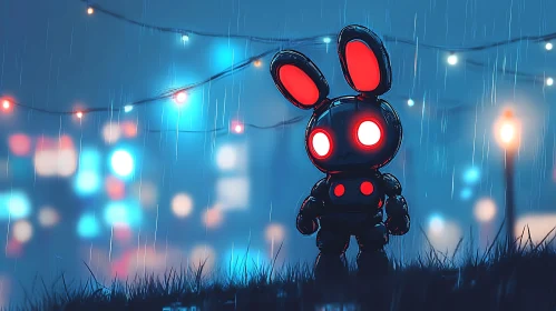 Neon Robot Bunny in the Rain