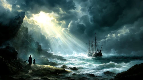 Ocean Storm and Sailing Ship