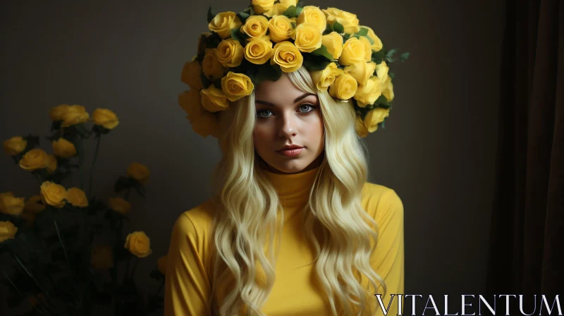 Blonde Woman Posing with Yellow Roses | Monochromatic Palette | Contest Winner AI Image