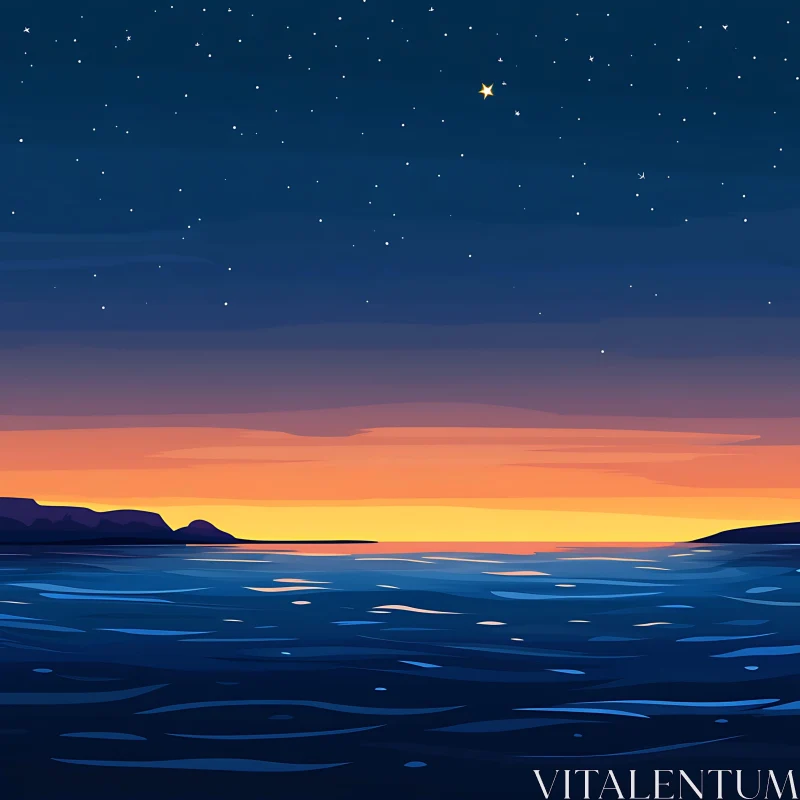 AI ART Twilight Ocean: Sunset and Stars Art