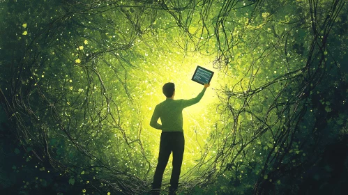Man in Green Light Holding Tablet