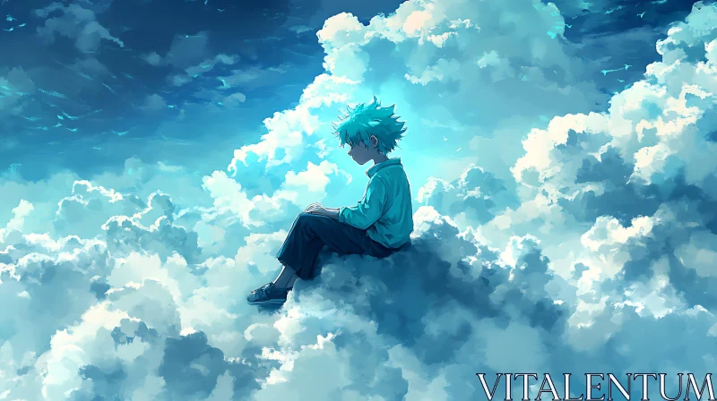 AI ART Teal-Haired Character Amidst Fluffy Clouds