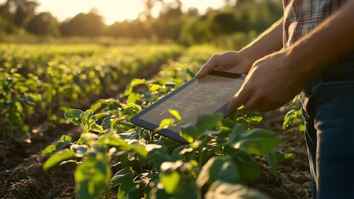 Farmer Using Tablet in Green Crop Field