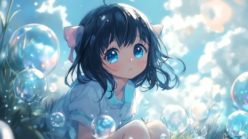 Charming Anime Girl Surrounded by Bubbles