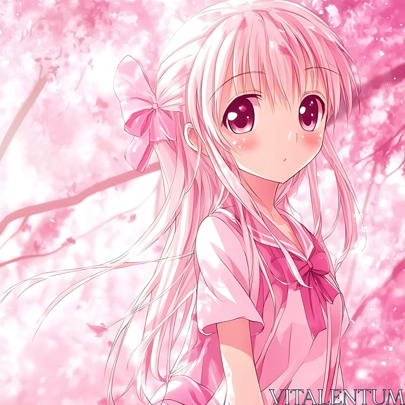 Anime Girl in Pink Blossom Scene AI Image