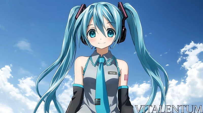 Blue-Haired Anime Character in Sky AI Image