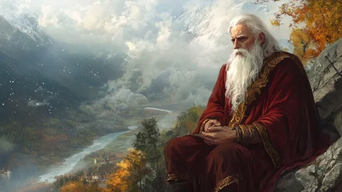 Pensive Man in Red Robe Overlooking Mountains