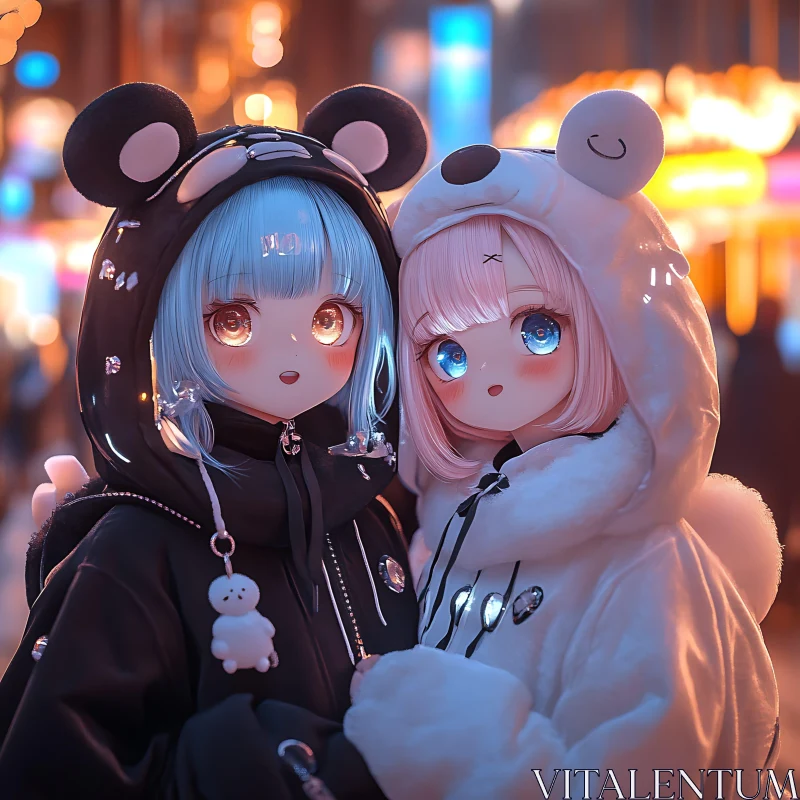 Adorable Anime Figures with Bear-Themed Hoodies Under City Lights AI Image