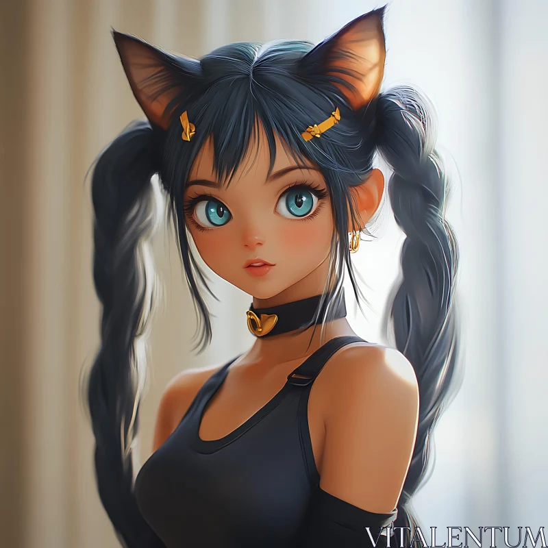 Anime Catgirl with Blue Eyes and Braided Hair AI Image