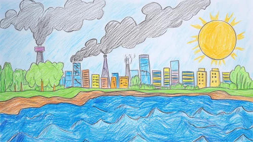 City Pollution Drawing with Sun and Water