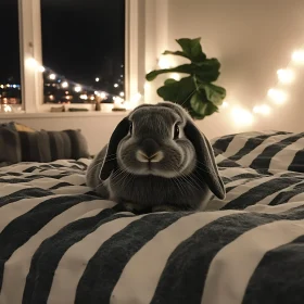 Gray Rabbit Lounging on Cozy Bed