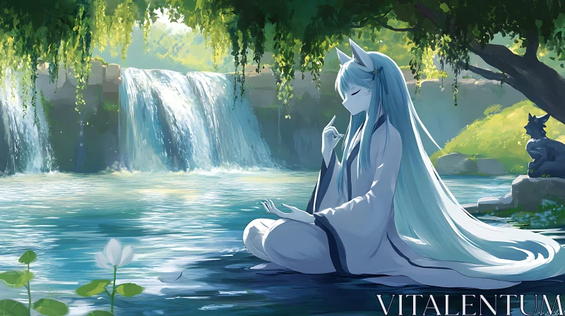 Anime Character Meditating by a Peaceful Waterfall AI Image