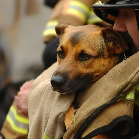 Heroic Firefighter with Rescued Dog