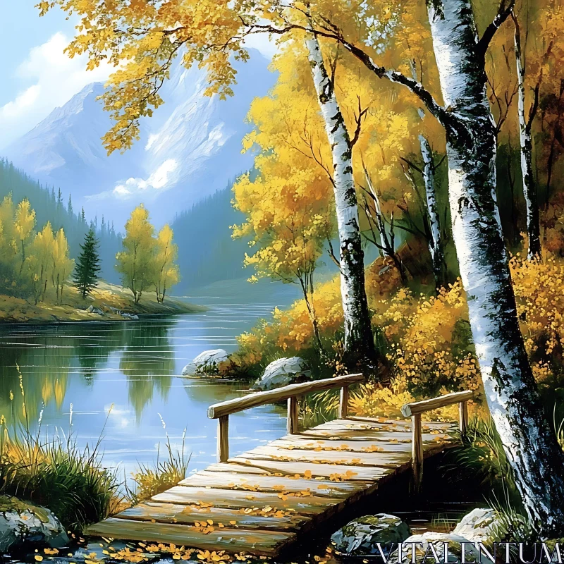 Tranquil Autumn Lake Landscape with Bridge AI Image