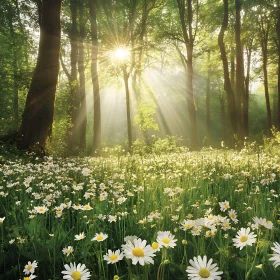 Daisies in Forest with Sunlight