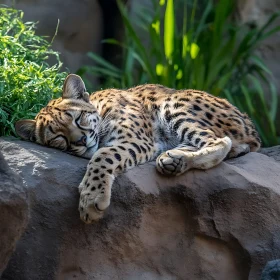 Spotted Ocelot Asleep on Rock