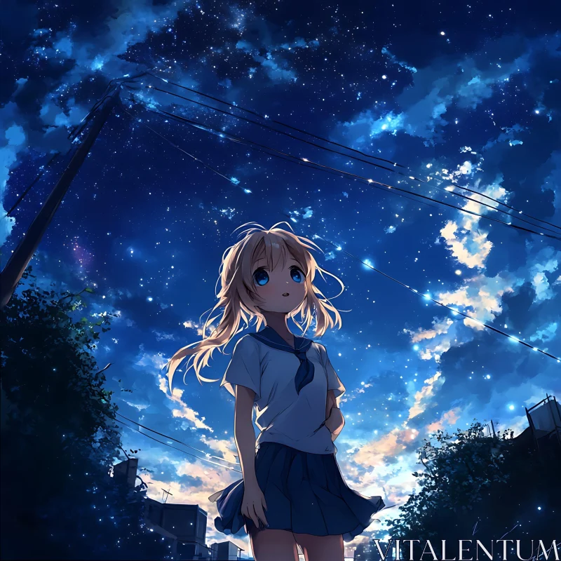 Tranquil Night with Anime Girl and Stars AI Image