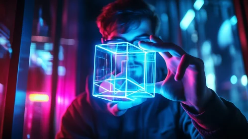 Man Holding Glowing Cube