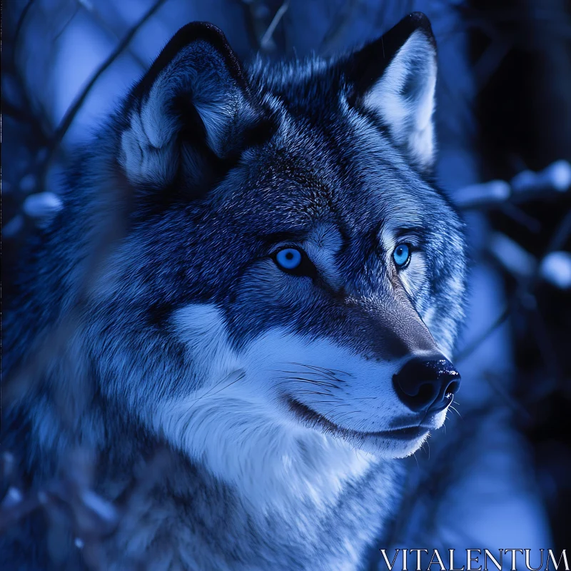 Wolf Face Close-Up with Blue Eyes AI Image