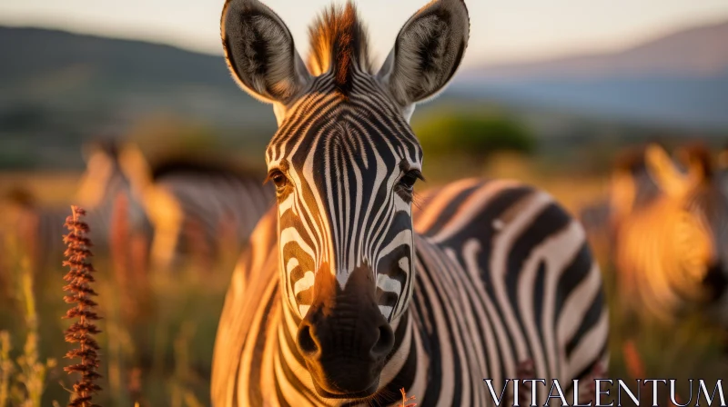 Close-up Portrait of a Zebra in Golden Light AI Image