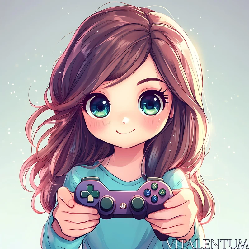 Cute Anime Girl Holding a Gaming Controller AI Image